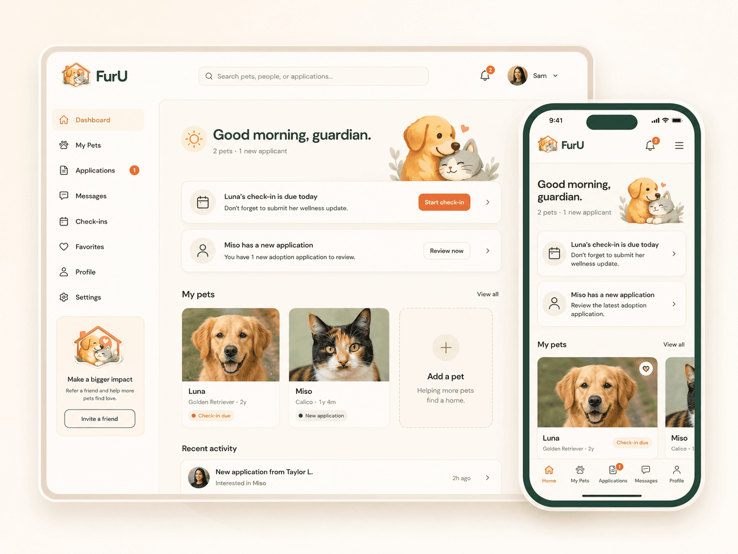 FurU dashboard on desktop and mobile